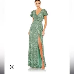 Mac Duggal 5540 Sage Sequined Wrap Over Butterfly Sleeve Draped Gown Sz 4